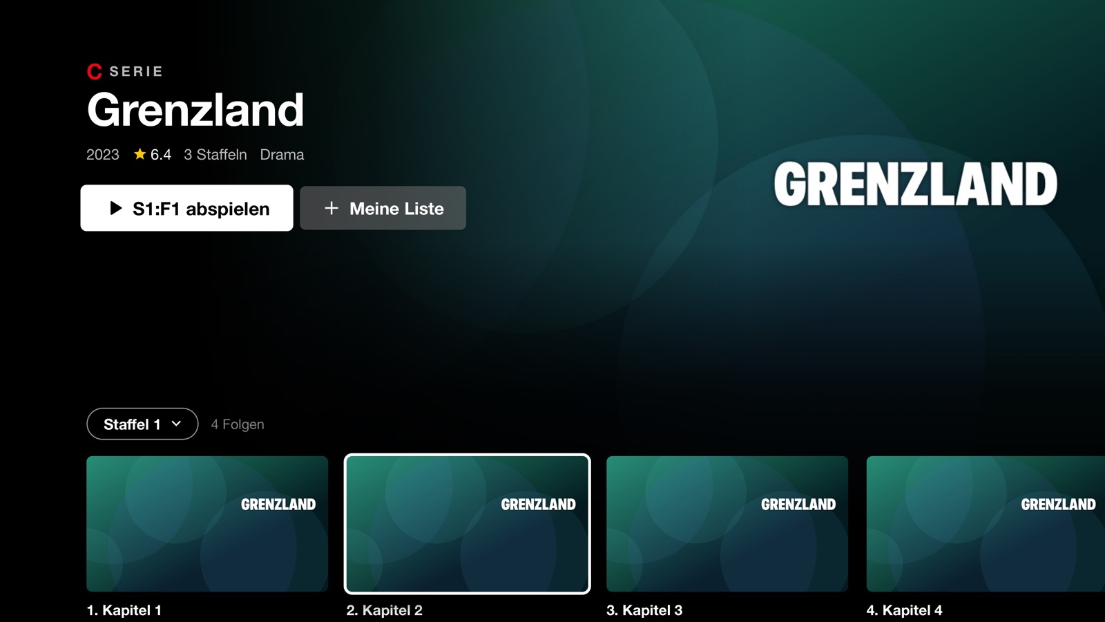 CINEO auf dem Samsung TV: Serienseite mit großem Titelbild, Staffel-Auswahl und Folgen
