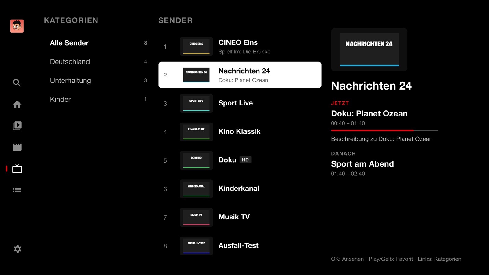 Live-TV mit Kategorien, Senderliste und der Anzeige „Jetzt“ und „Danach“