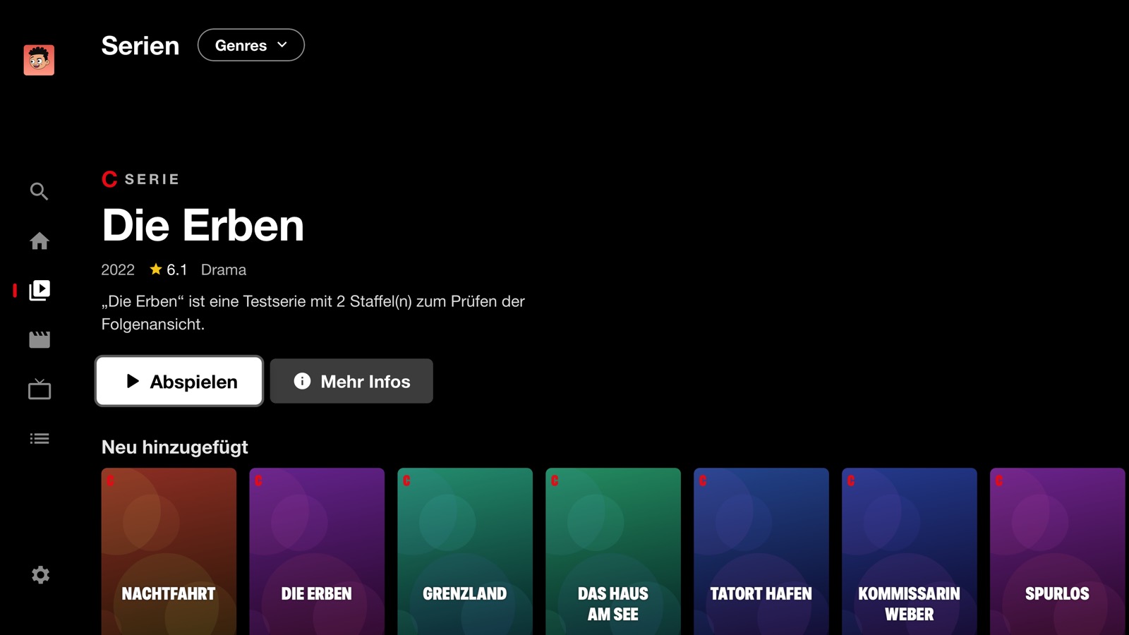 Serienseite mit Titelbild, Genres-Menü und der Reihe „Neu hinzugefügt“