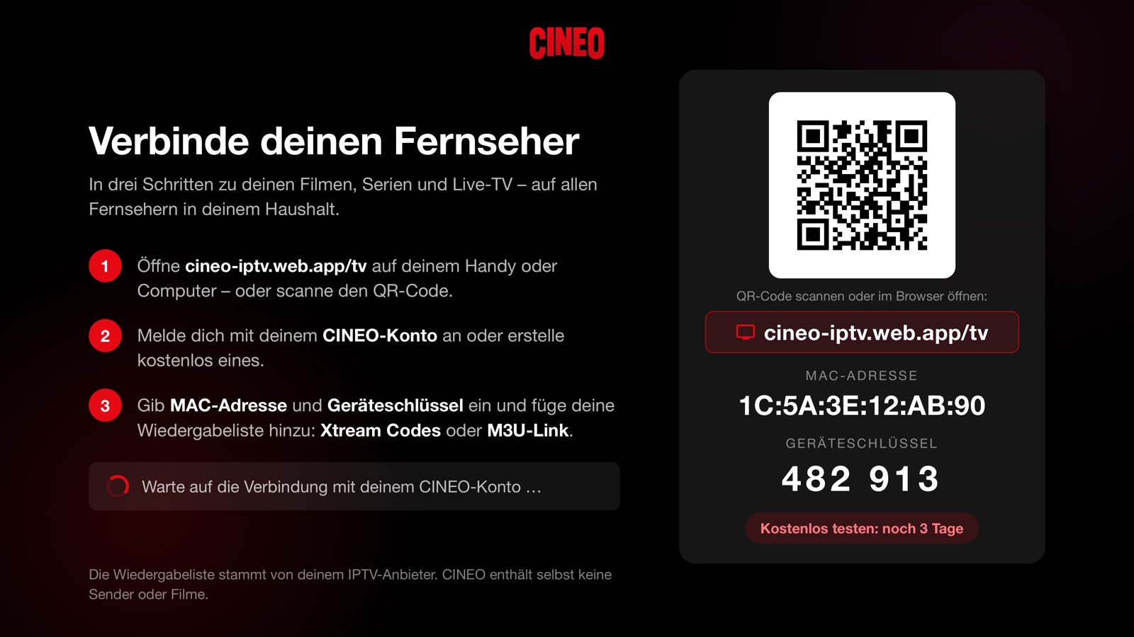 Startbildschirm der TV-App mit Website-Adresse, QR-Code, MAC-Adresse und Geräteschlüssel